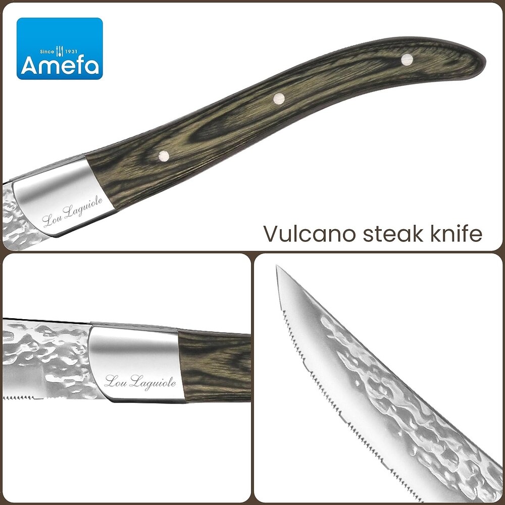 Amefa Lou Laguiole Vulcano Steak Knives Set of 6 Pakka Wood Handle   Silver and Pakka Wood