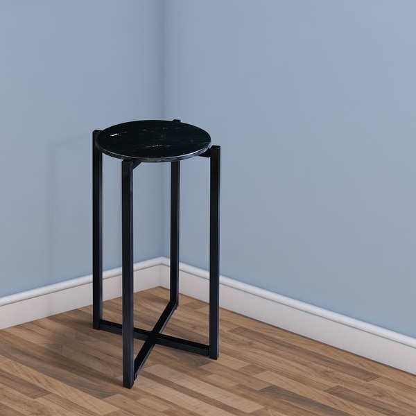 Ivy 24.5 Inch Round Marble Top Accent Side Table with Metal Frame， Black