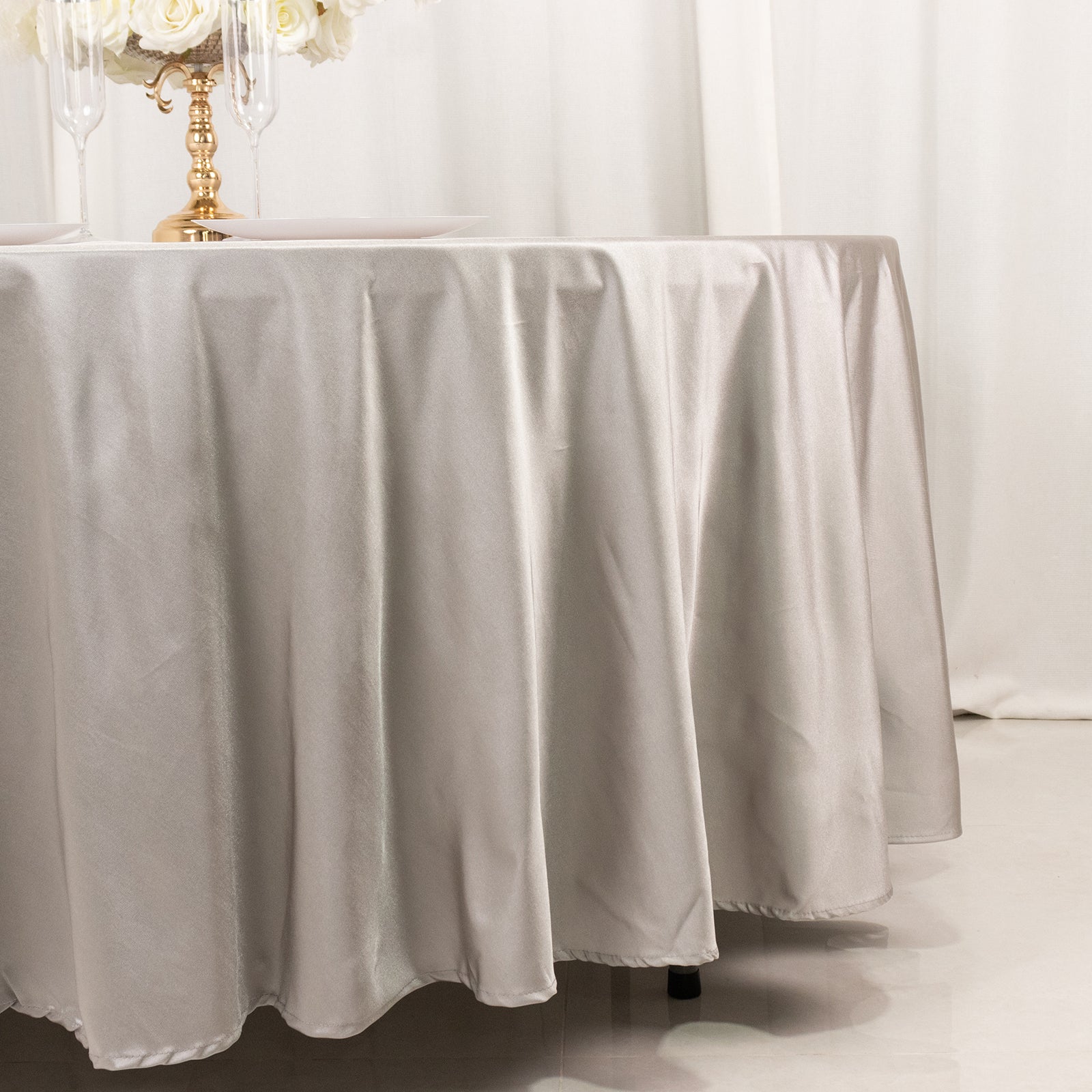 Shimmer Silver Premium Scuba Round Tablecloth, Wrinkle Free Seamless Polyester Tablecloth - 108