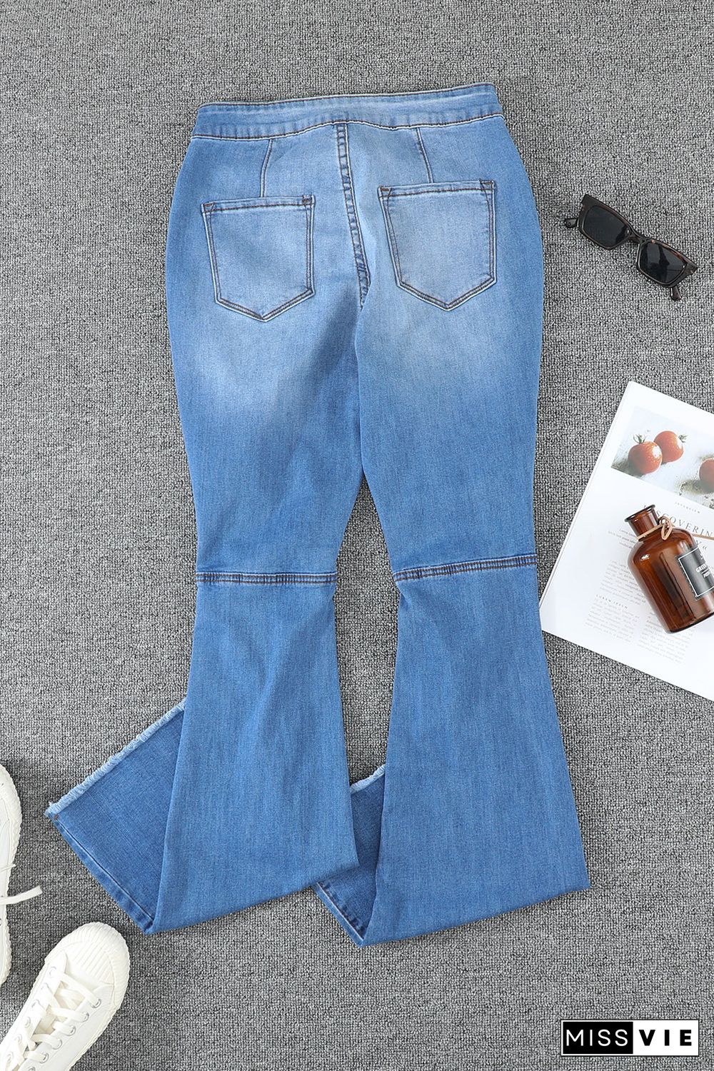 Sky Blue High Waist Raw Hem Button Ripped Flare Jeans