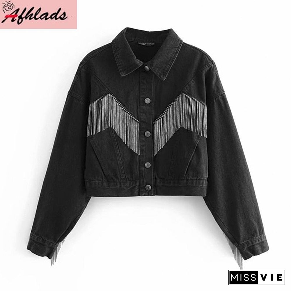 Spring And Autumn New Korean Fashion Tassel Denim Jacket Female Loose Thin Personality Single-Breasted Women Black Jacket