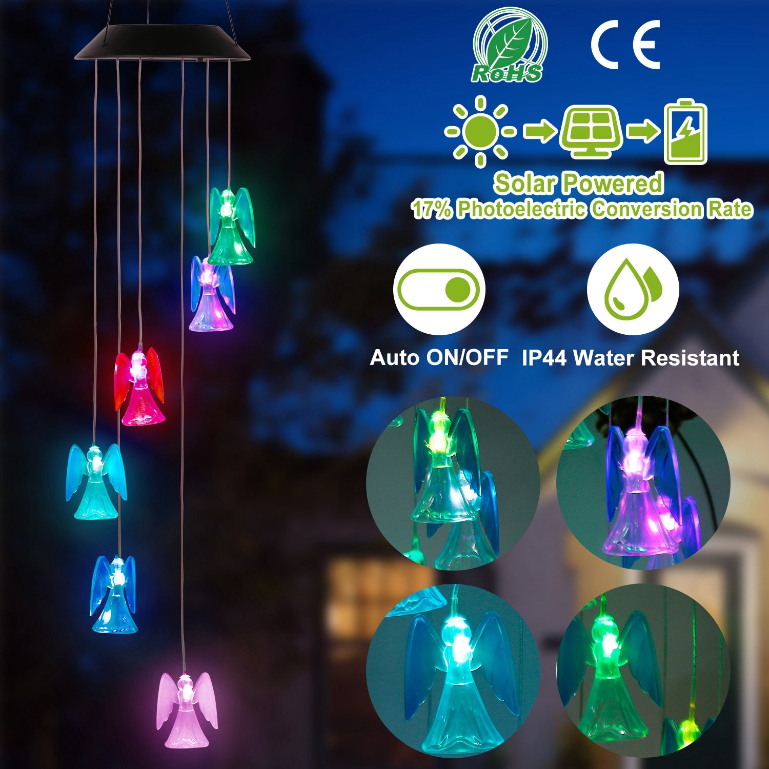 iMounTEK Solar Powered Angel Lights Wind Chimes LED Color Changing Hanging Wind Lamp