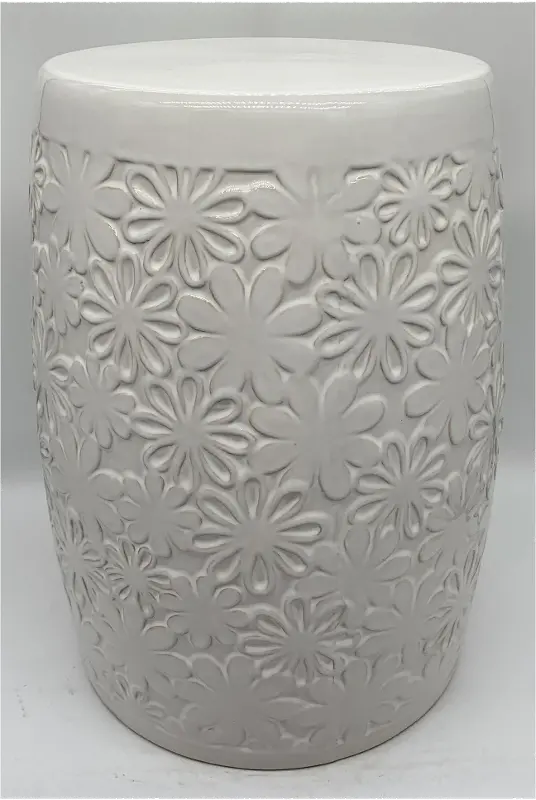 17 Inch Off White Floral Patterned Garden Stool