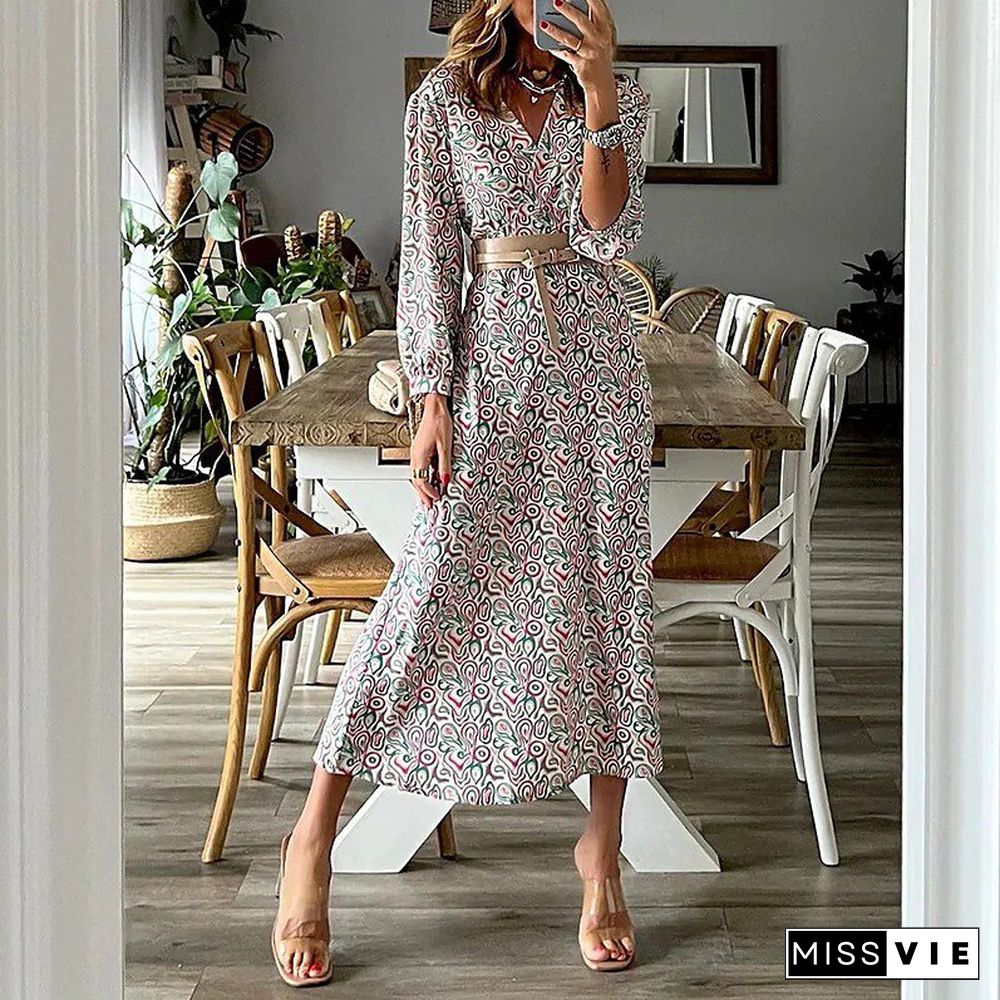 Autumn Vintage Boho Print Long Dress Women Elegant Long Sleeve V Neck Belt Dress Ladies Fashion Loose Office A-Line Dresses