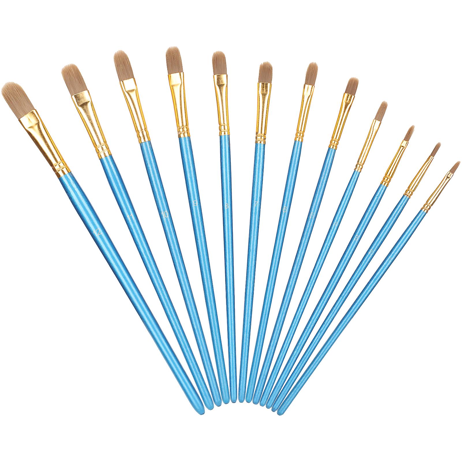 12pcs Round Tip Nylon Brushes Set Blue Wooden Penholder Aluminium Tube Artist Drawing Tools