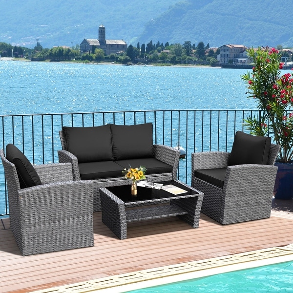 Gymax 4PCS Patio Rattan Conversation Set Outdoor Furniture Set w/