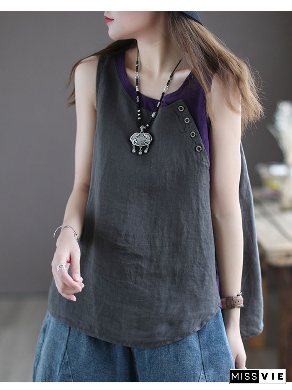 Women's Summer New Arts Style Women Clothing Sleeveless Tank Tops Cotton Linen Casual Top Femme Vintage Tank Top Large Size