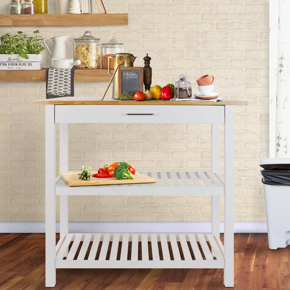 Natural White New Solid Wood Counter Top 40 in. Kitchen Island Bar Station with Drawer and Shelves N373-91