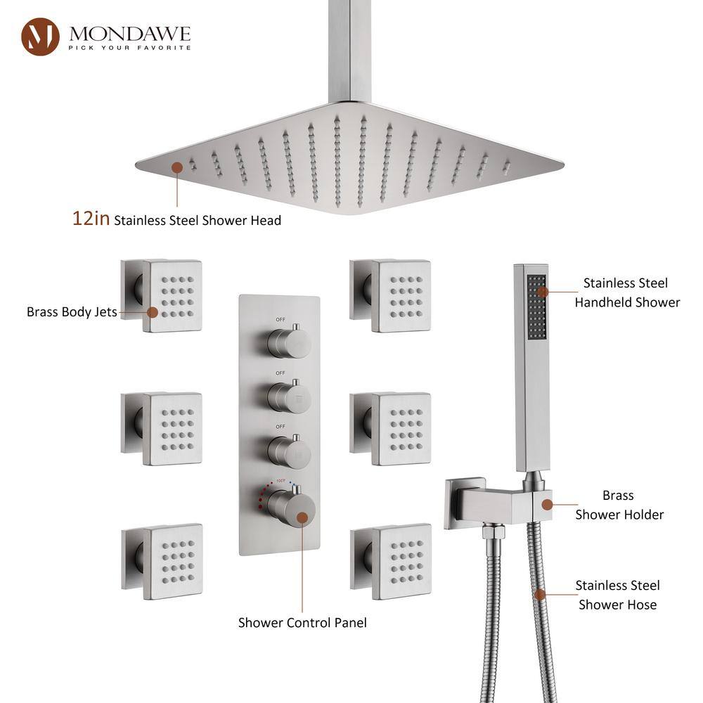 Mondawe Luxury 7-Spray Patterns Thermostatic 12 in. Ceiling Mount Rainfall Dual Shower Heads with 6-Jet in Brushed Nickel WF6310-12BN