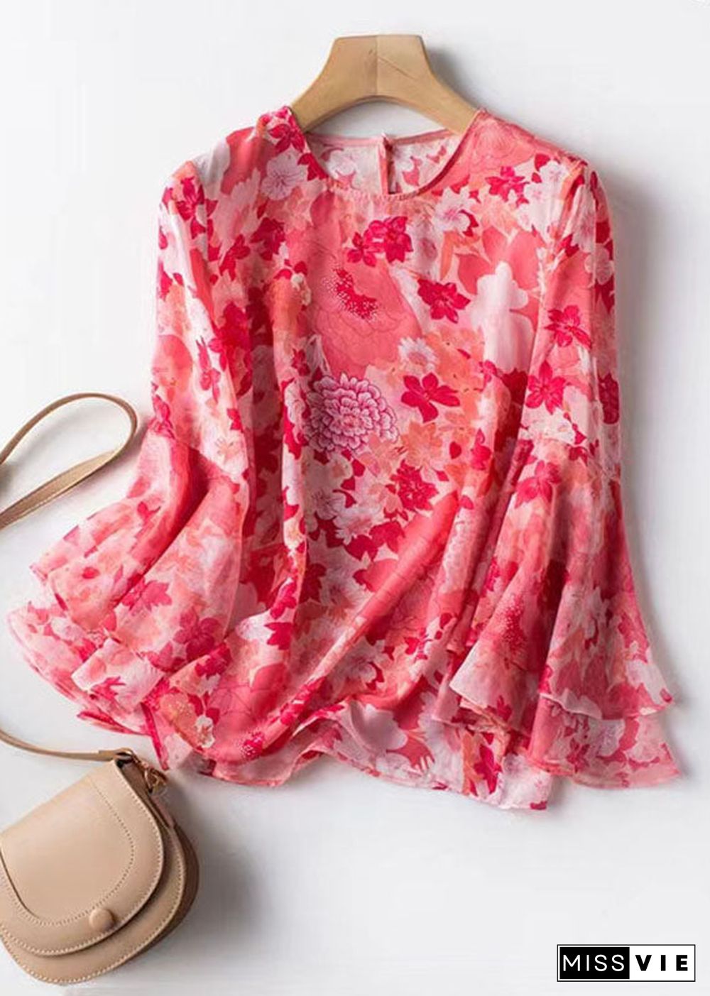 Style Pink O Neck Print Patchwork Chiffon Shirt Butterfly Sleeve