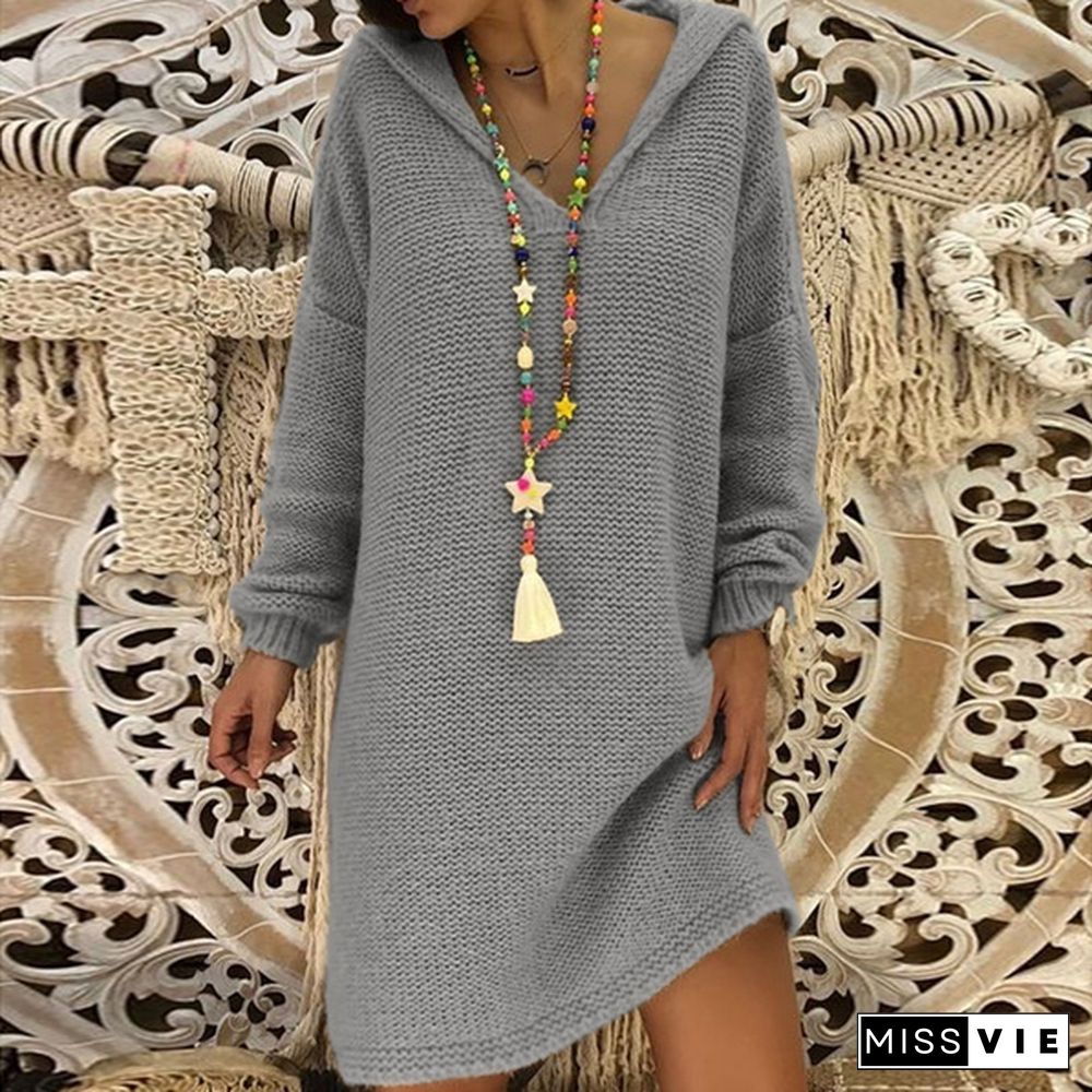 5 Color Autumn Winter New Women Fashion Casual Style Long Sleeve Knitted Sweater Dress Hooded Long Pullovers Tops Solid Color Knitted Dress Plus Size S-5XL