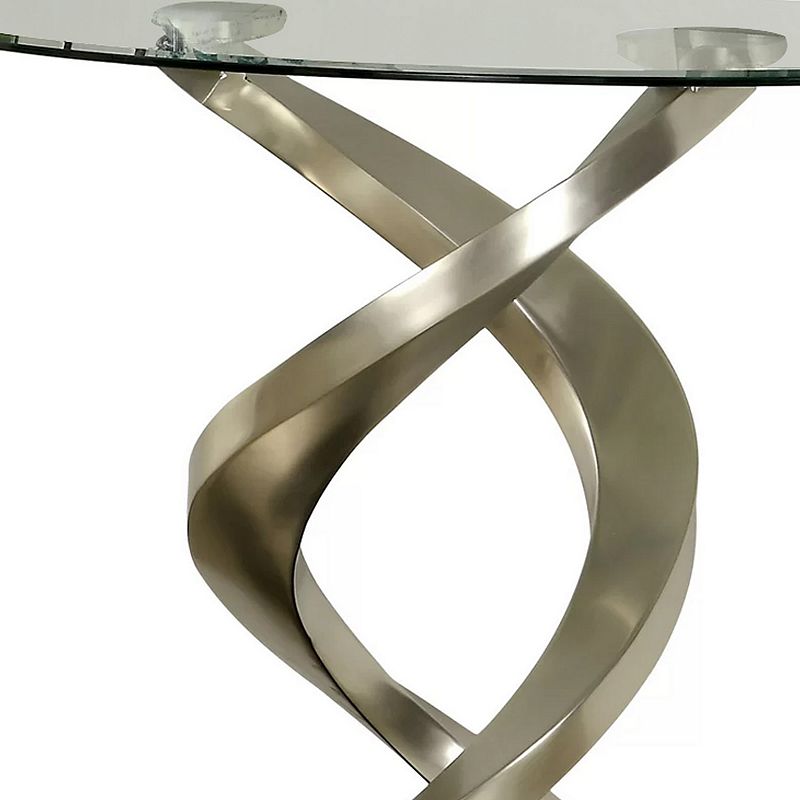 Sofa Table with Twisted Metal Base and Semi Circular Glass Top， Silver