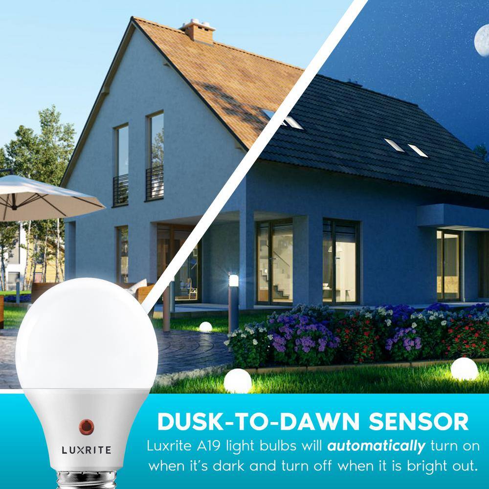 LUXRITE 60-Watt Equivalent A19 E26 Base Dusk to Down Sensor LED Light Bulb 5000K Bright White 4-Pack LR21473-4PK