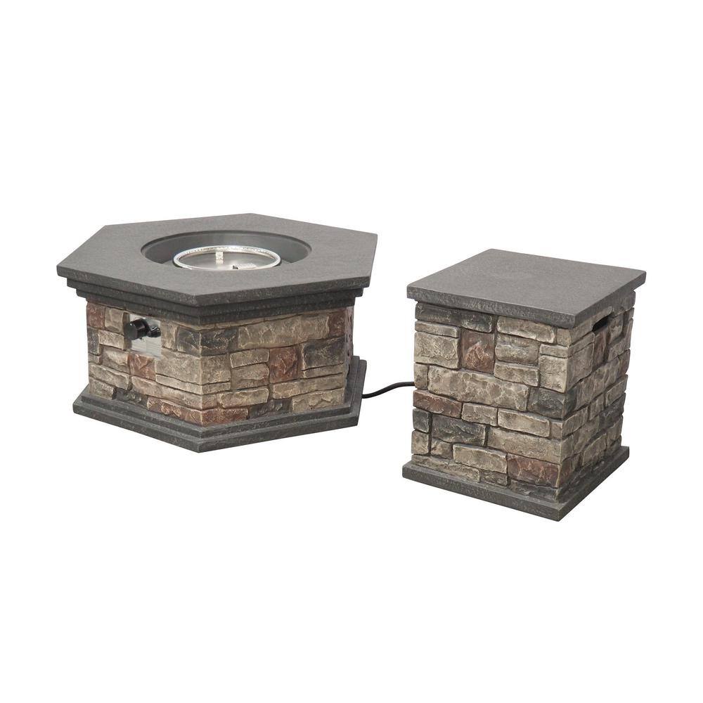 Noble House Chesney 37 in. x 17 in. Octagonal Lightweight Concrete Fire Pit in Mixed Brown 65831