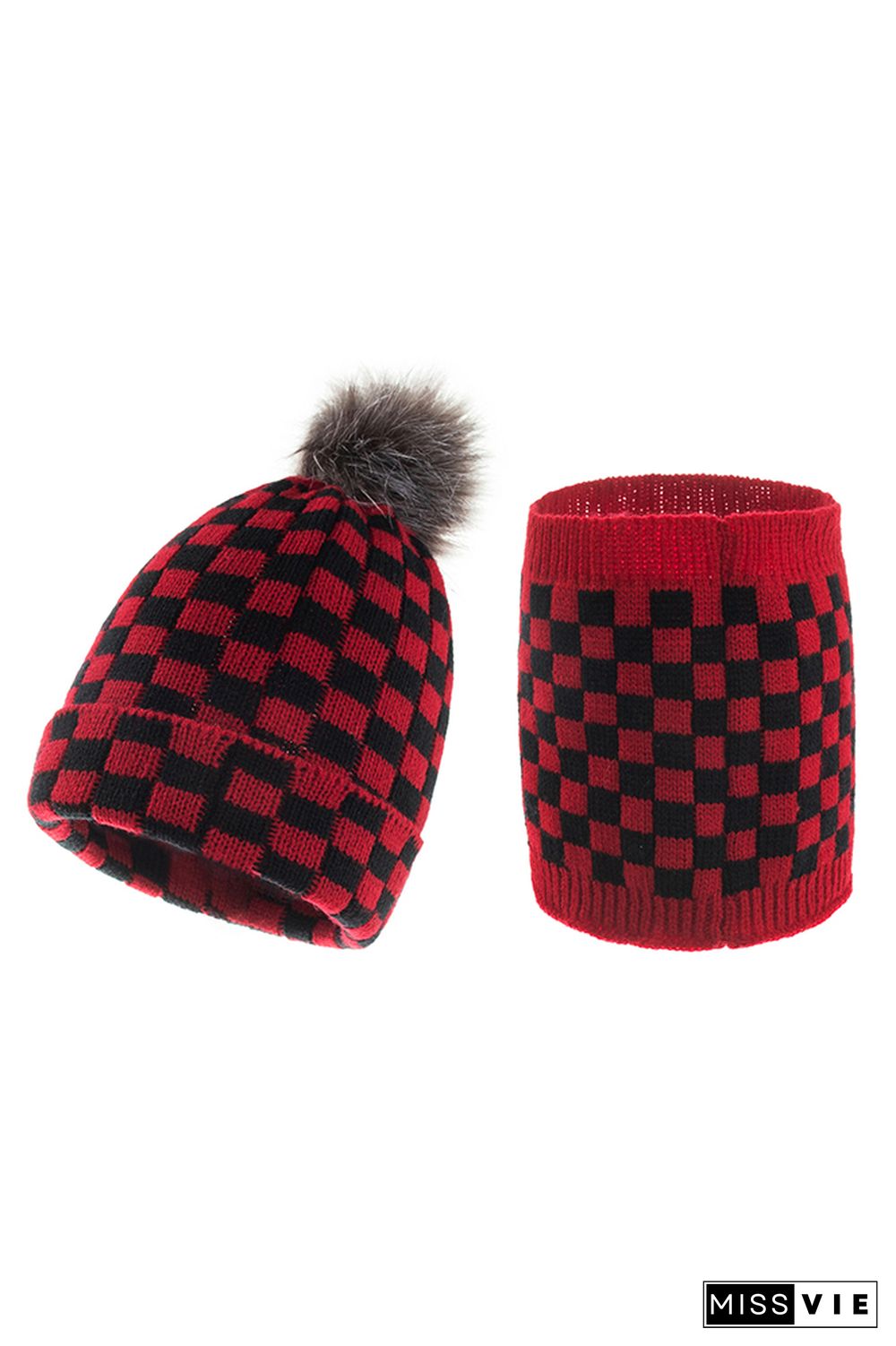 Black White Red Plaid Parent-child Knitted Hat & Scarf 4pcs Set Wholesale MOQ3pcs