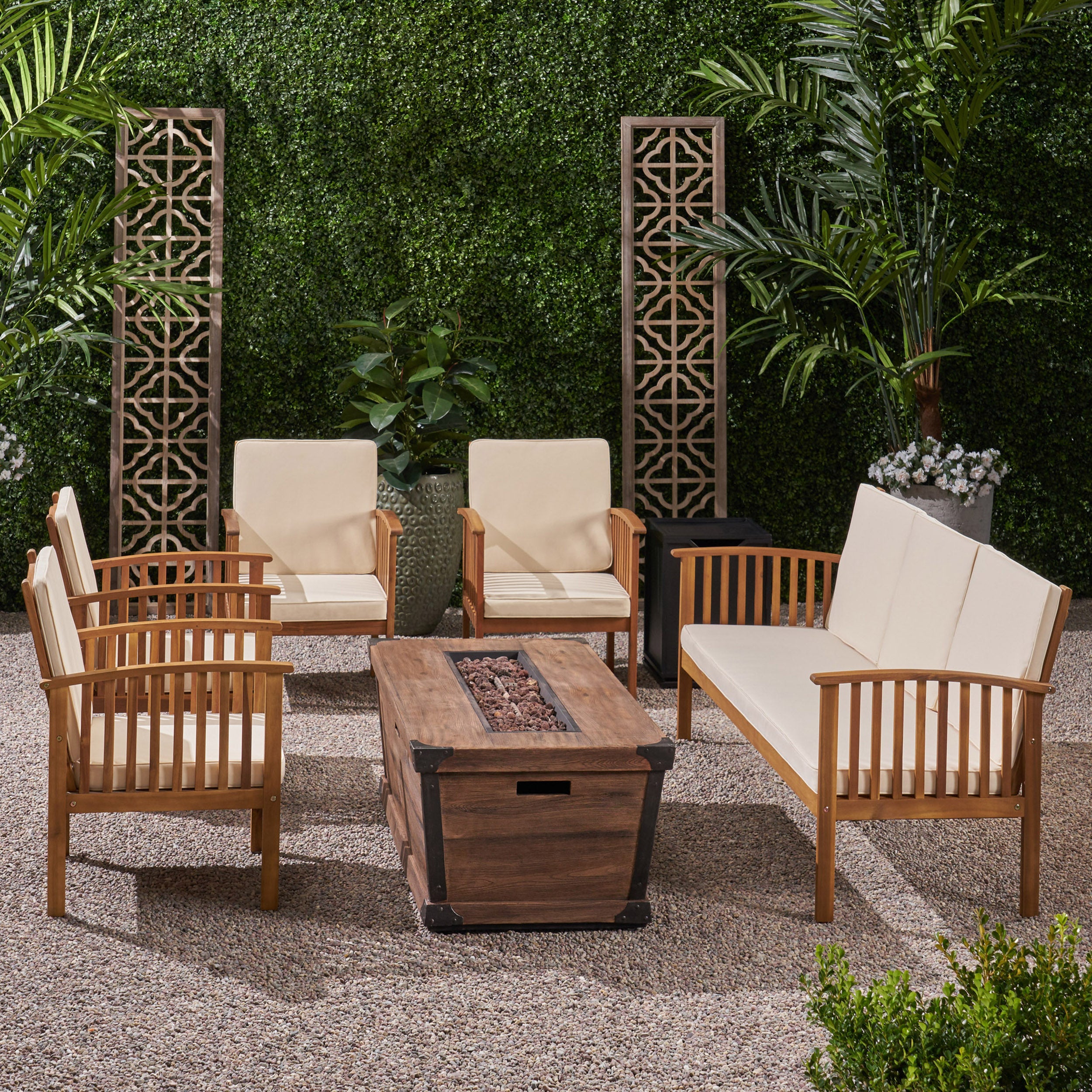 Beckley Outdoor 5 Piece Acacia Wood Conversational Set with Cushions and Fire Pit