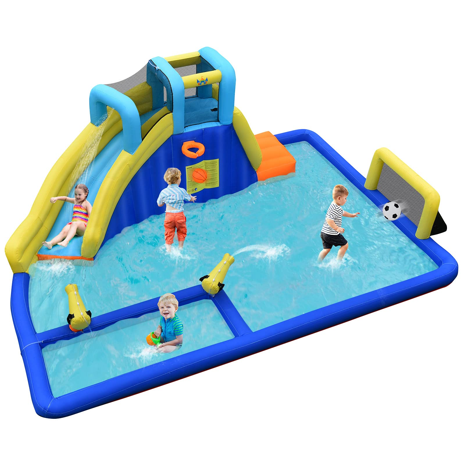 BOUNTECH Inflatable Water Park | 6-in-1 Bounce Pool Slide w/ Curved Slide