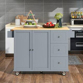 Polibi 52.7 in. W Dusty Blue Mobile Kitchen Island with Locking Wheels Storage Cabinet Spice Rack Towel Rack and Drawers RS-RMKIL-DB