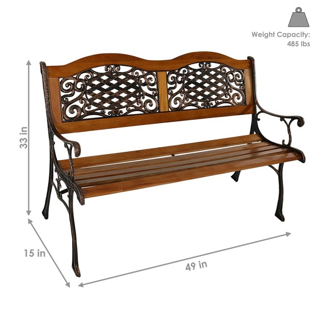 Sunnydaze 2 person Ivy Crossweave Design Cast Iron And Wood Frame Outdoor Garden Bench