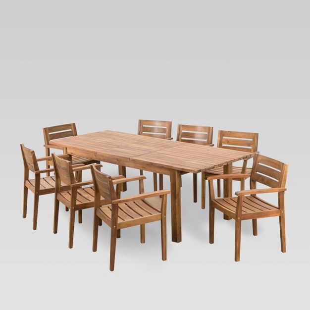 Wilson 9pc Acacia Wood Dining Set With Expandable Dining Table Teak Christopher Knight Home