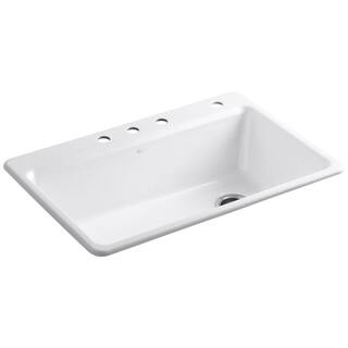 KOHLER Riverby Workstation Drop-In Cast Iron 33 in. 4-Hole Single Bowl Kitchen Sink Kit with Included Accessories in White K-5871-4A2-0