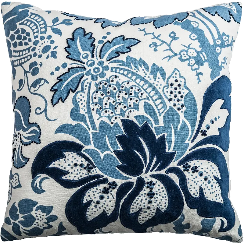 Blue Cotton Casement Velvet Throw Pillow