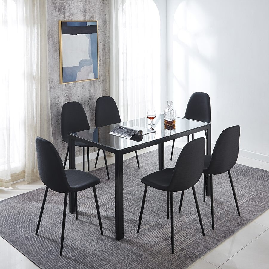 7 Piece Modern Black Glass Dining Set with Fabric Dining Chairs for 6