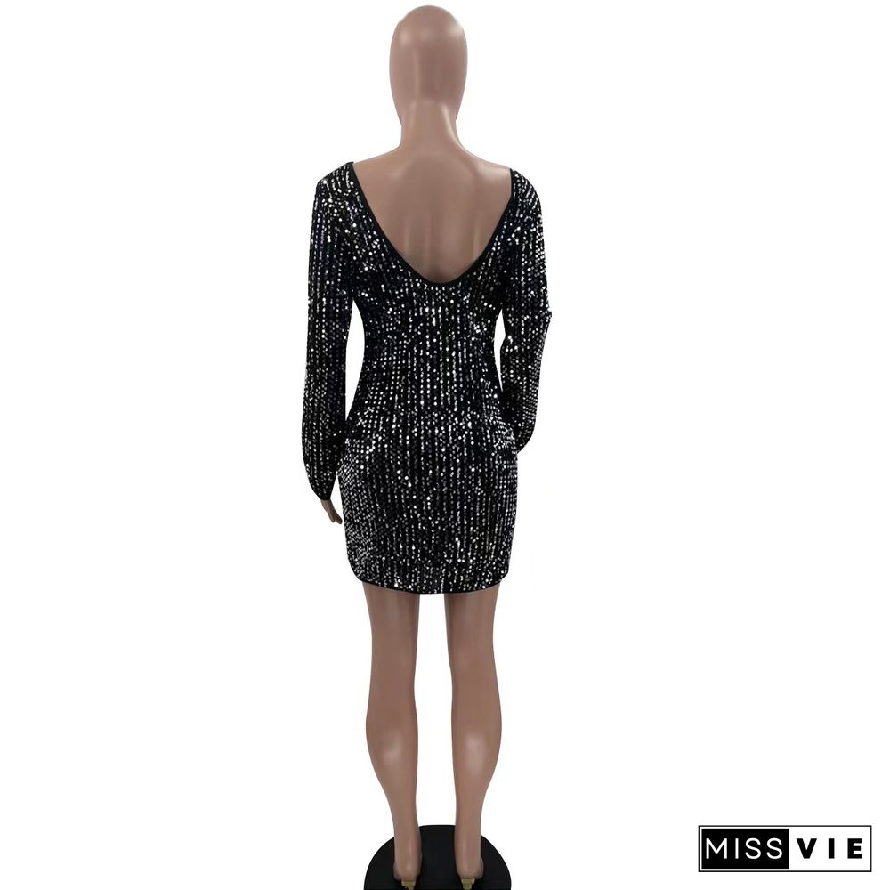 Elegant Sequins Long Sleeve Backless Mini Dress