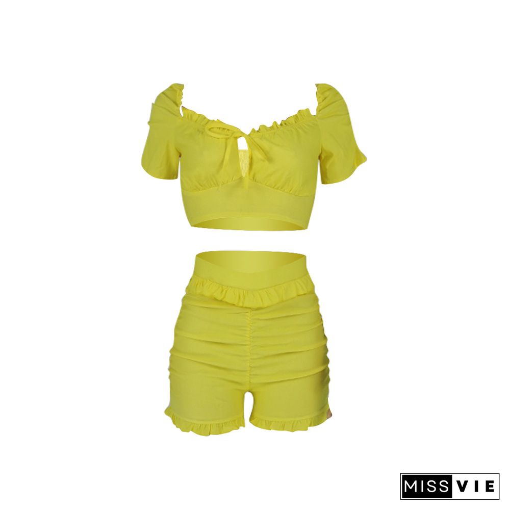 Solid Color Pleat Ruched Short Sleeve Crop Top Ruffles Shorts Women Summer Clothes Two Piece Set