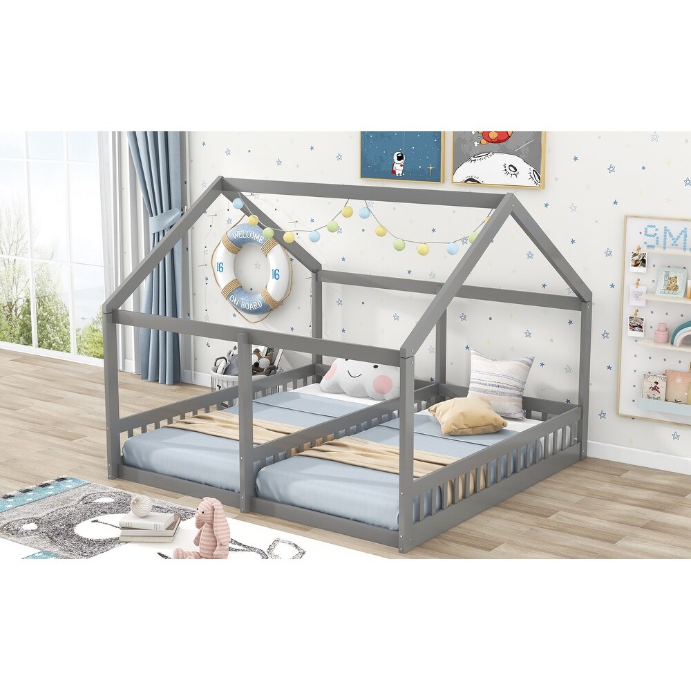 Pine Wood House Platform Beds  Two Shared Beds for Kids  Solid Wood Slats Support  Cozy Bedroom Furniture  Twin Size