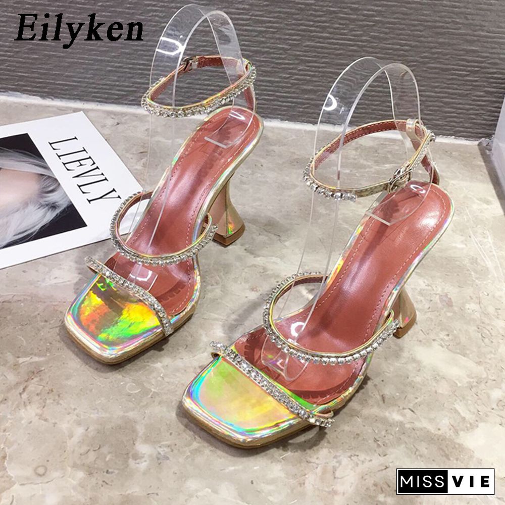 Eilyken New Design Square Toe Sandals Fashion Crystal Diamond PU Leather Ankle Buckle Strap Strange Heels Shoes Woman Summer