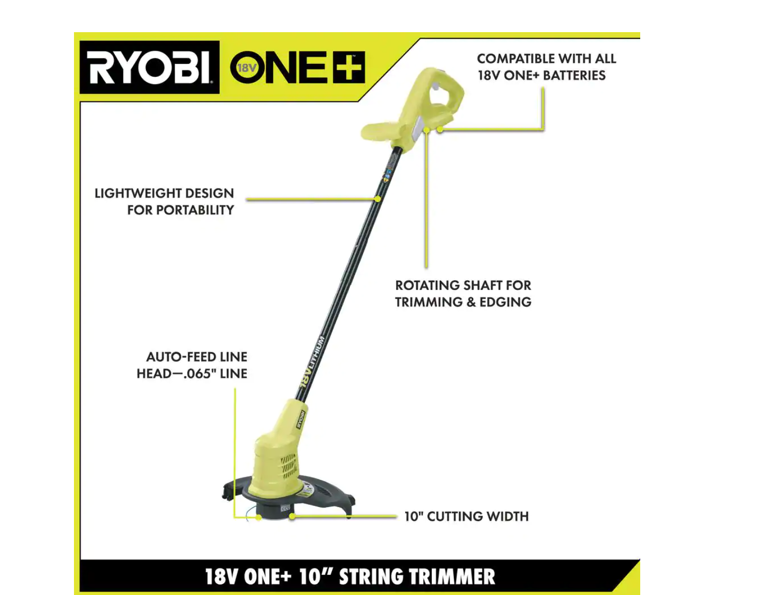 RYOBI P20130 ONE+ 18V 10 in. Cordless Battery String Trimmer with 1.5 Ah Battery and Charger