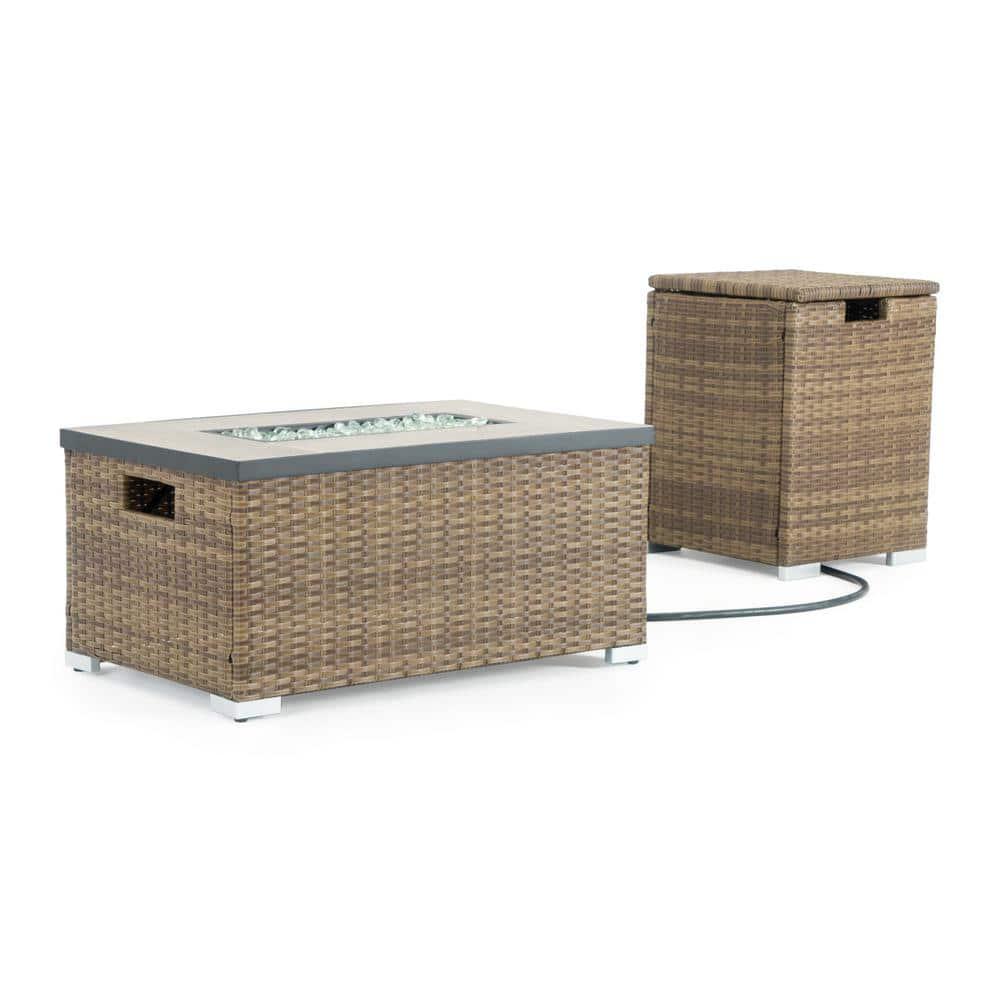 RST BRANDS Cheyenne 32 in x 16 in Rectangular Wicker Propane Fire Pit Table in Brown with Propane Storage and Protective Cover