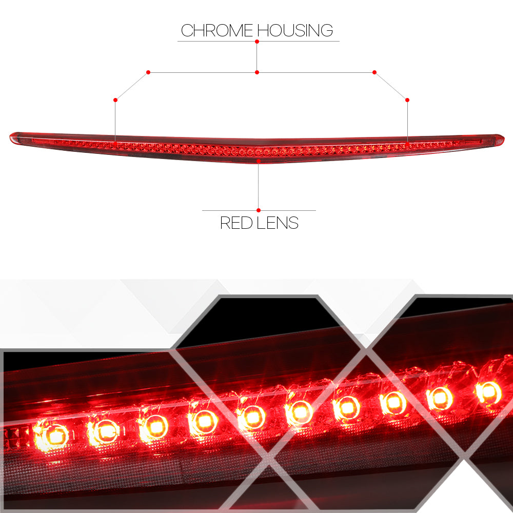 For 2006 to 2011 Cadillac DTS Rear LED 3rd Third Brake Light Tail Stop Lamp Chrome Housing Red Lens 07 08 09 10