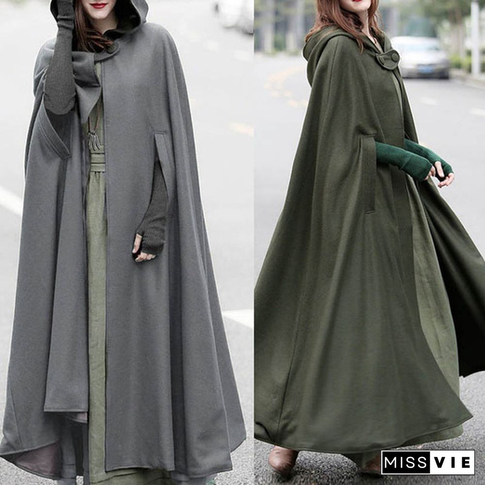 ZANZEA Cosplay Novel Shawl Pluvial Cocktail Long Coat Women Hooded Cloak Button Robe