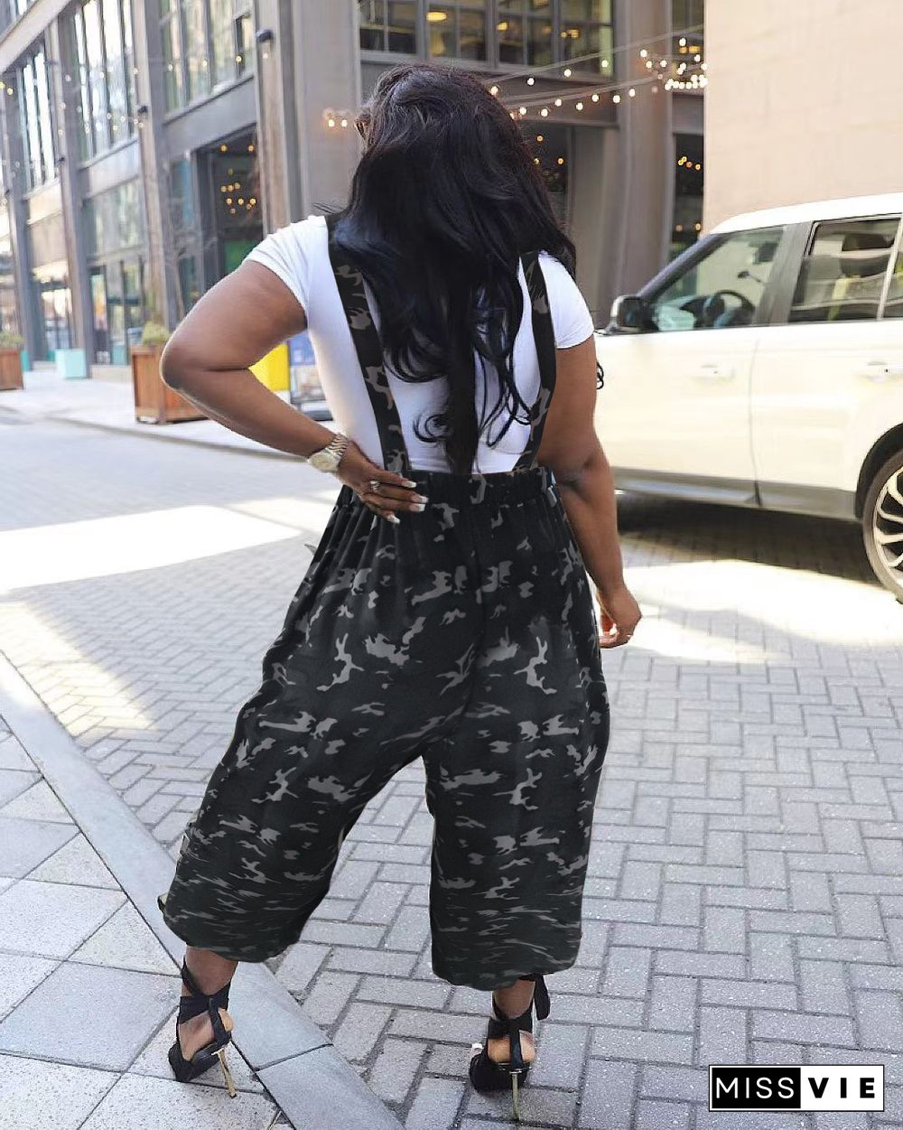 Camo Print Backless Suspenders Cargo Jumpsuits