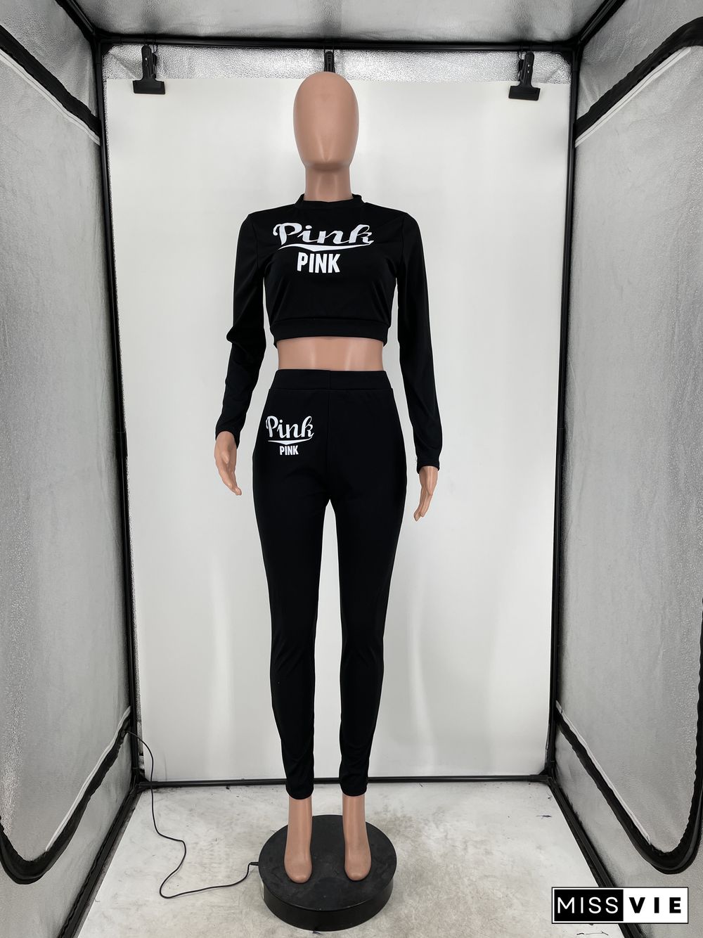 Letter Print Long Sleeve Crop Top Fitness Pants Set