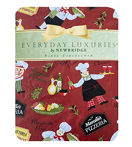 Newbridge Italian Red Bistro Chef Vinyl Flannel Backed Tablecloth， Novelty Chef Indoor/Outdoor Waterproof Tablecloth， Picnic， Barbeque， Patio and Kitchen Dining， 60 Inch x 84 Inch Oval