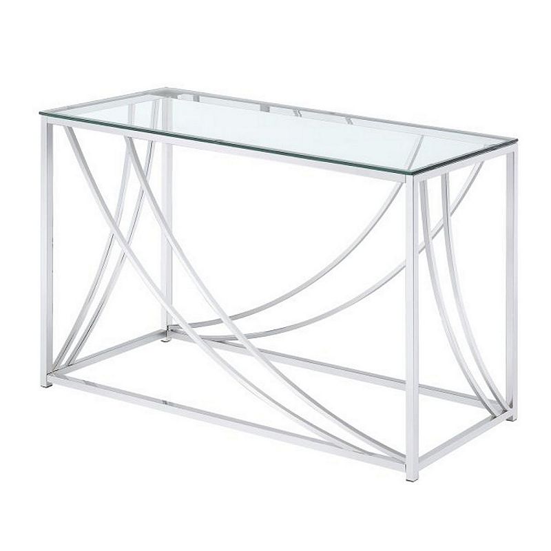 Glass Top Rectangular Sofa Table with Swooping  Curves， Clear and Silver