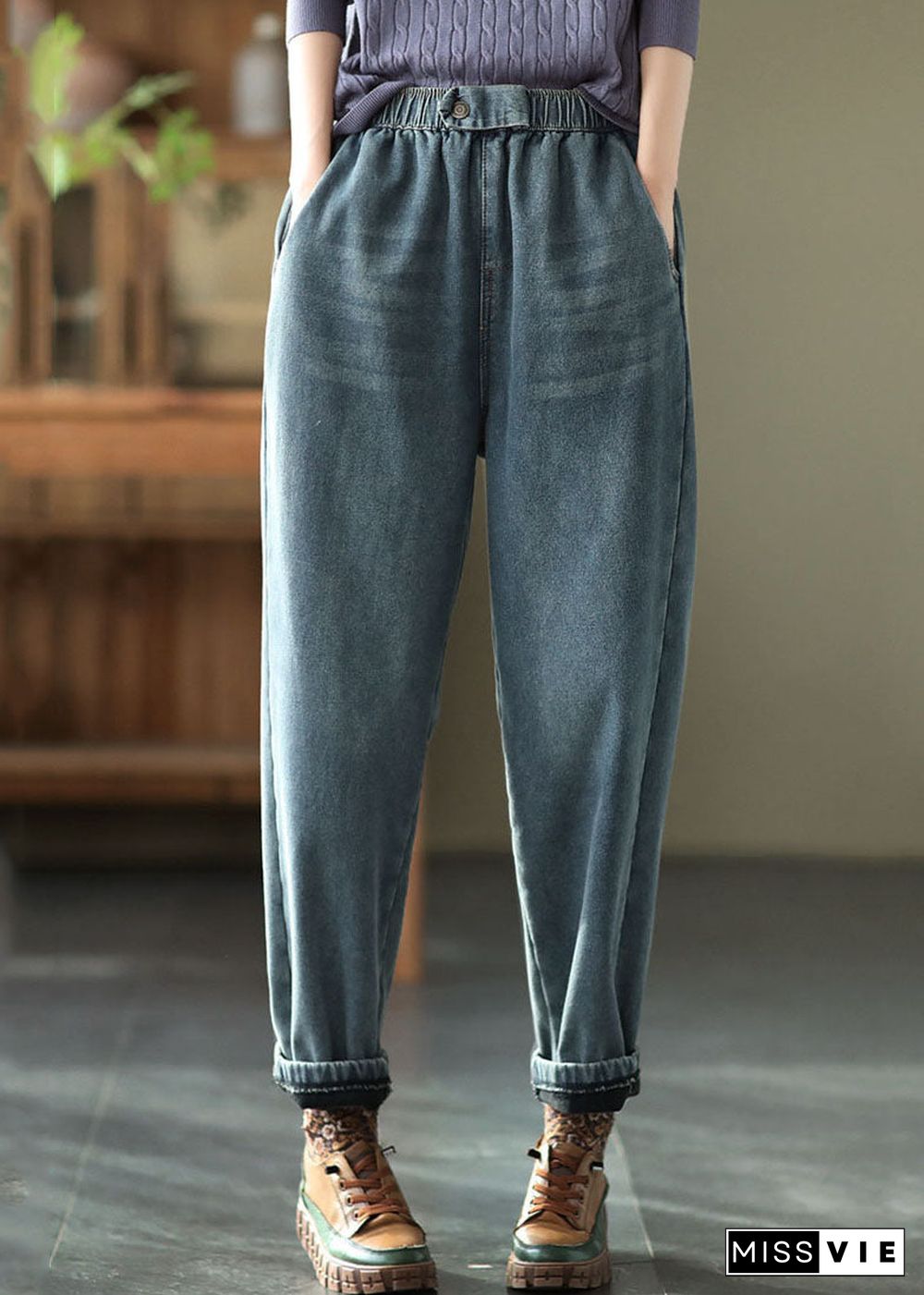 Boho Denim Blue Elastic Waist Pockets Thick Warm Fleece Harem Pants Winter