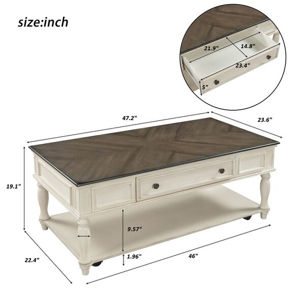 Classic wooden cocktail coffee table with removable vintage center drawers and open shelves