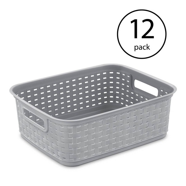 Sterilite Short Plastic Weave Storage Basket Bin Organization For Countertops Classroom Tabletops And Shelves For Crafts Jewelry Gray 12 pack