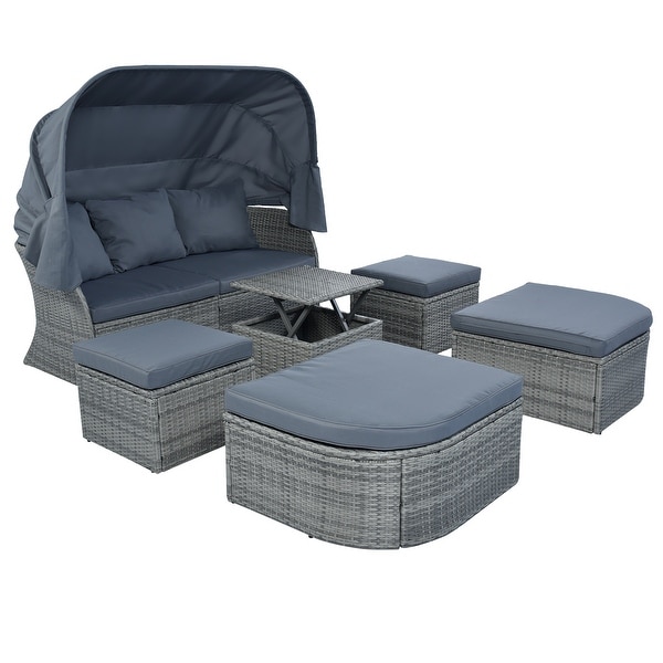 6Piece Outdoor Daybed Set with Retractable Canopy and Conversation Area