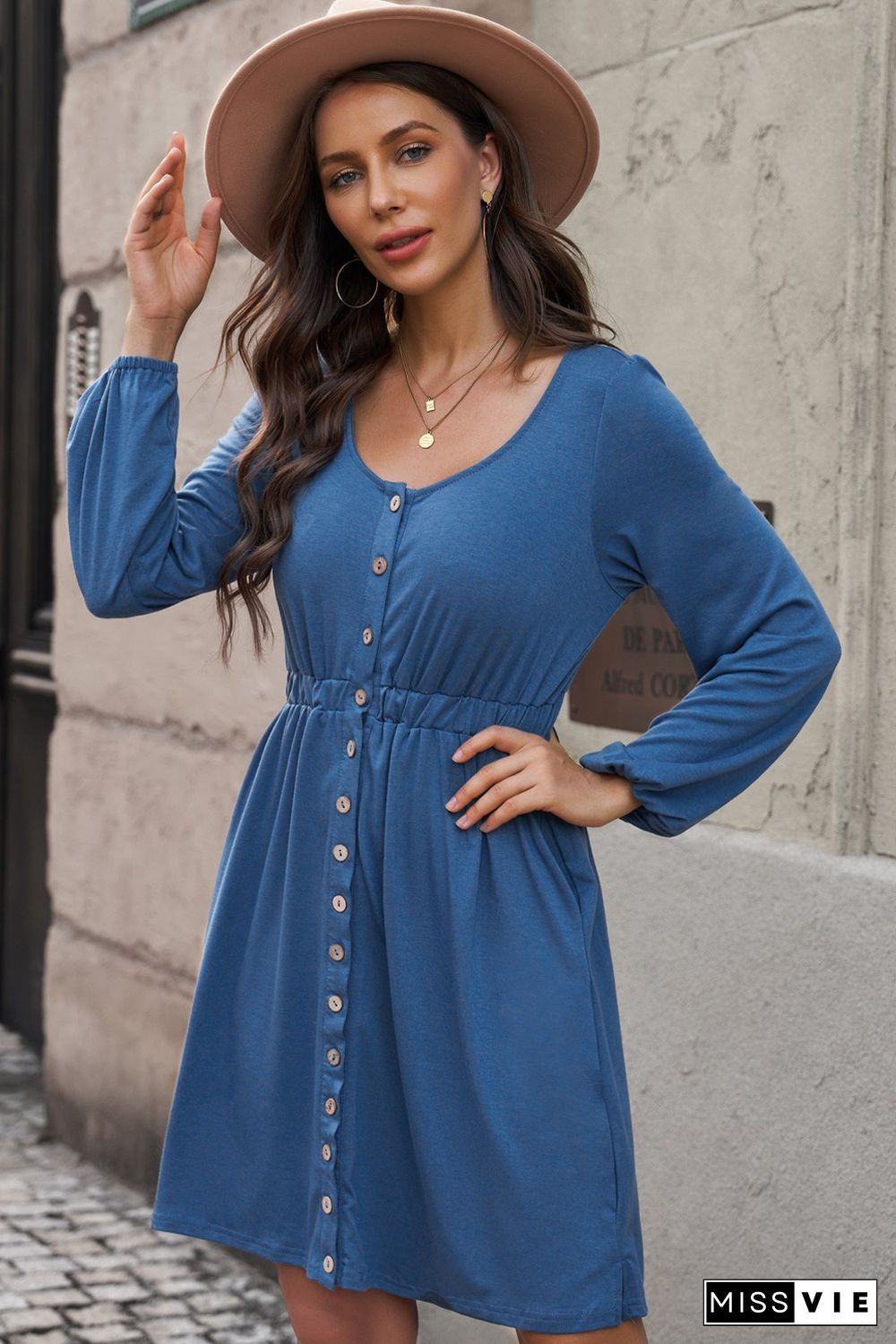 Blue Button Up High Waist Long Sleeve Dress