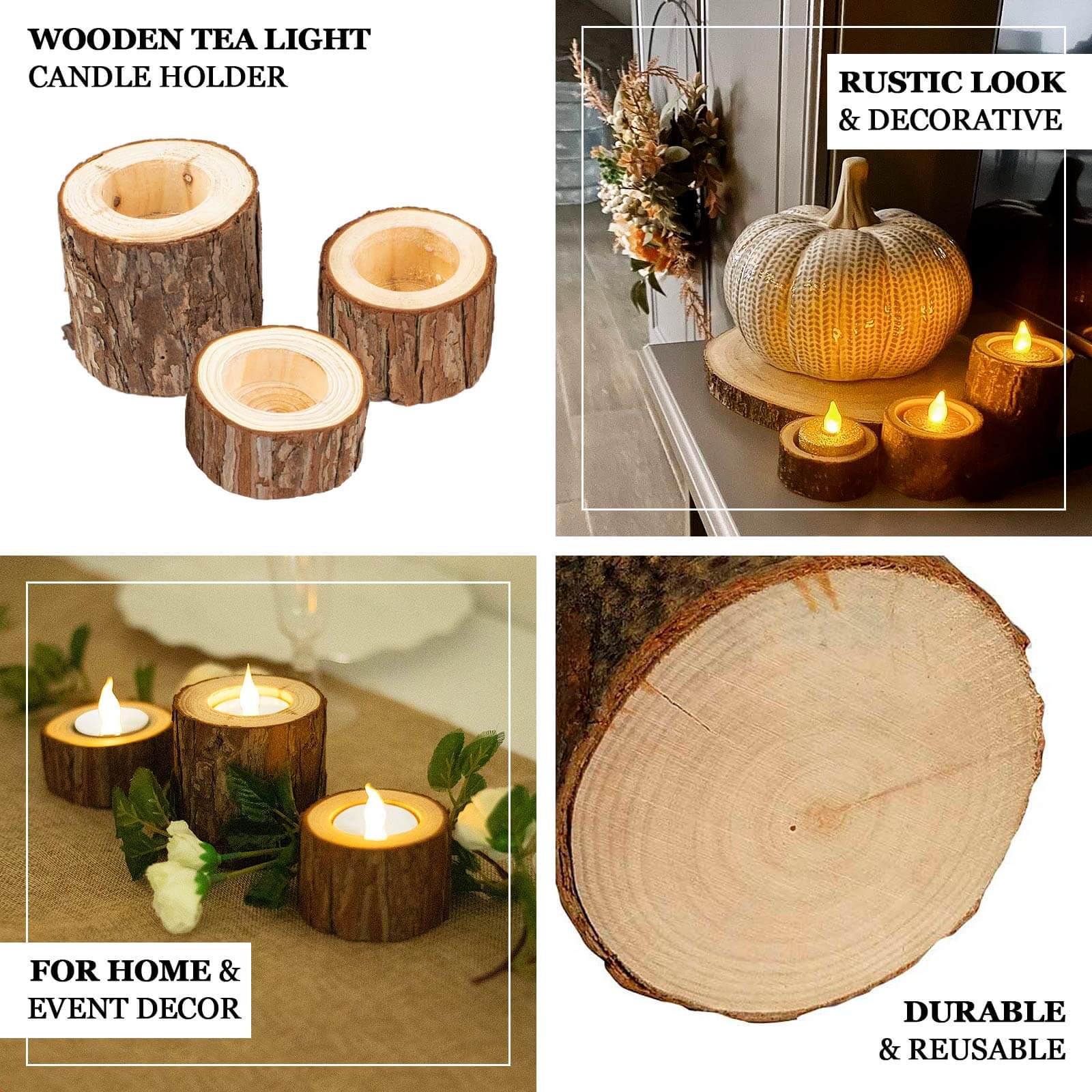 Set of 3 Assorted Farmhouse Wood Slice Votive Candle Holders, Rustic Tree Branch Wedding Table Décor 2.75