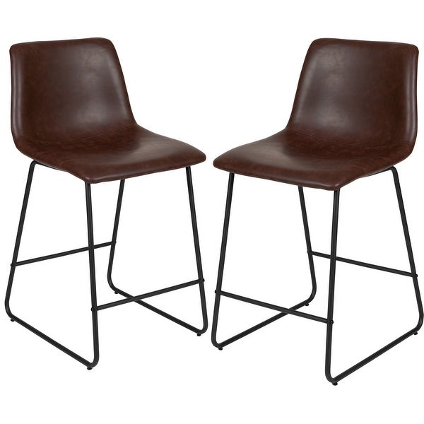 Modern Brown Bonded Leather with Metal Sled Base Counter Height Dining Stools