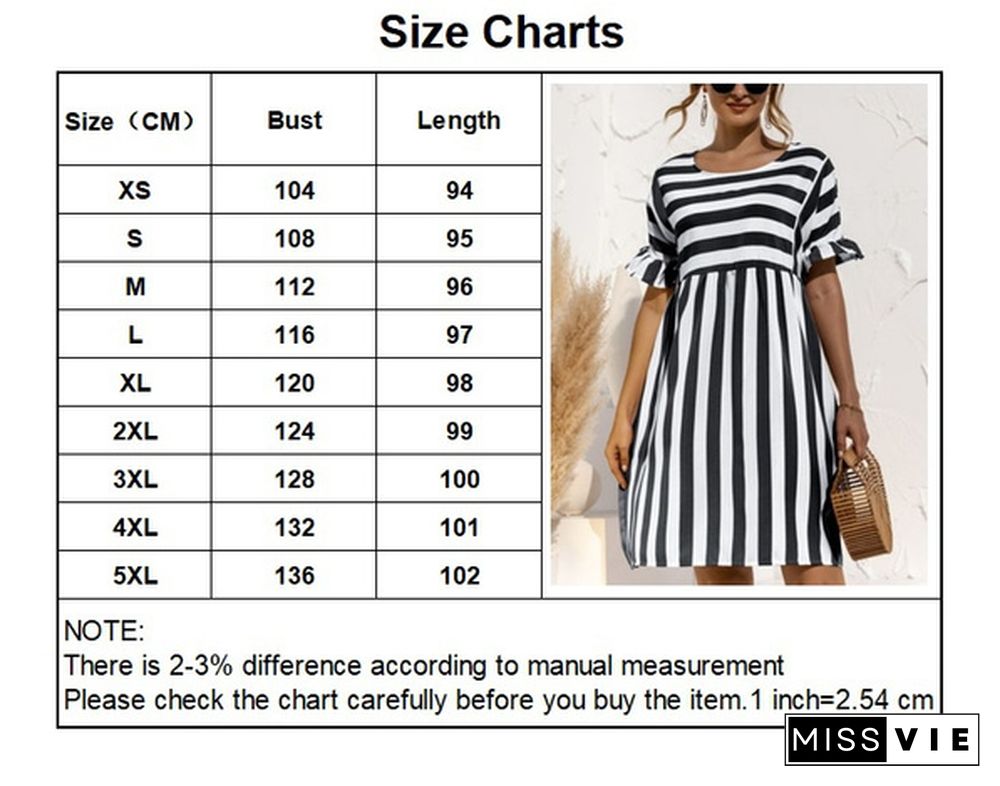 Summer Women's Fashion Flouncing Short Sleeved Casual Loose Dresses Round Neck Pocket Stripe Patchwork Beach Dresses