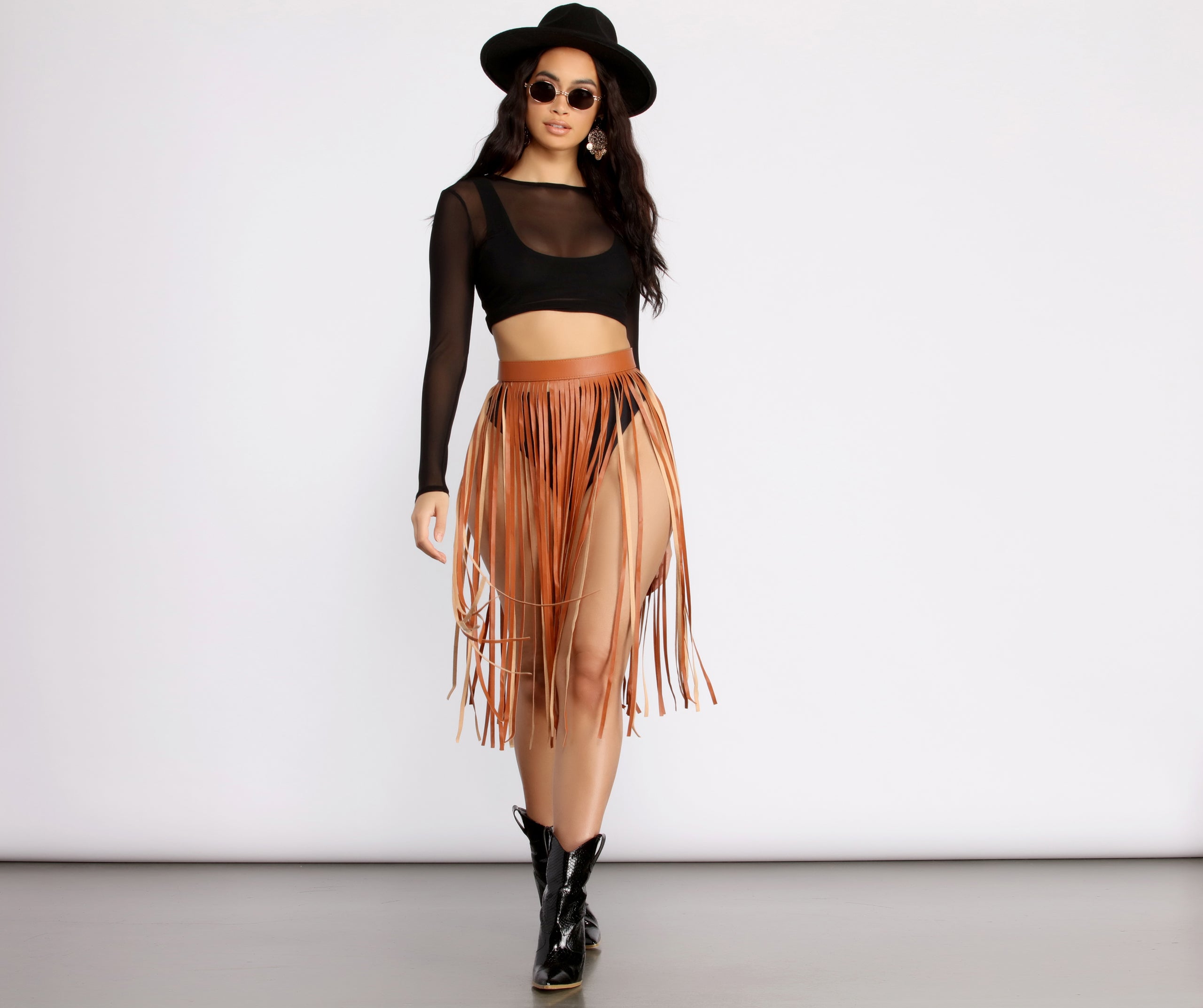 Rockin' Hun' Faux Leather Fringe Belted Skirt