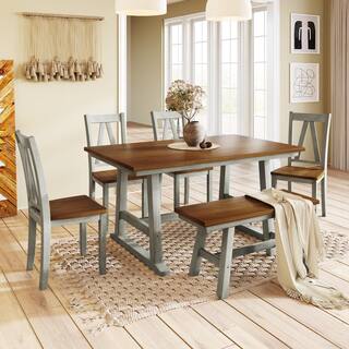 Harper  Bright Designs Farmhouse 6-piece Walnut and Gray Rectangle MDF Top Dining Table Set Seats 6 DT142AAE