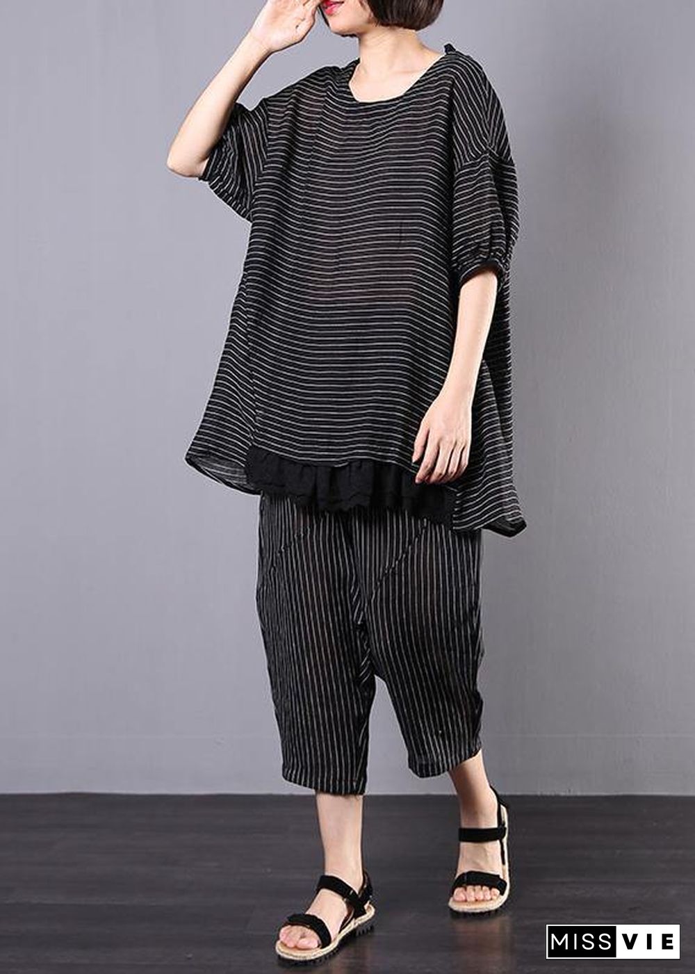 summer casual two pieces black striped patchwork tops and elastic waist women pants